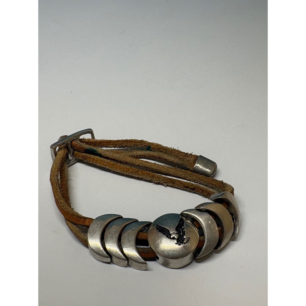Eagle Medallion Triple Strand Tan Leather Cord Bracelet Silver Tone Buckle 7in